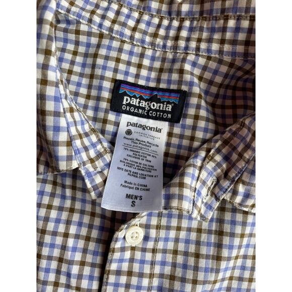 Patagonia Button Down Short Sleeve Shirt Sz SM Blue & Brown Plaid Organic Cotton - Picture 7 of 8